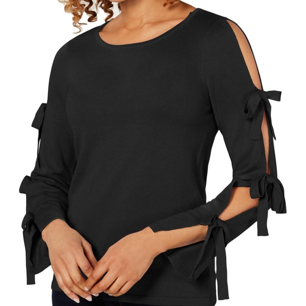 CeCe Womens Black Split Sleeve Bow Sweater